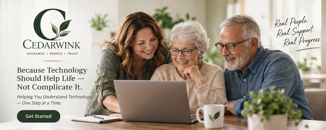 An older couple and a family member learning together at a laptop.